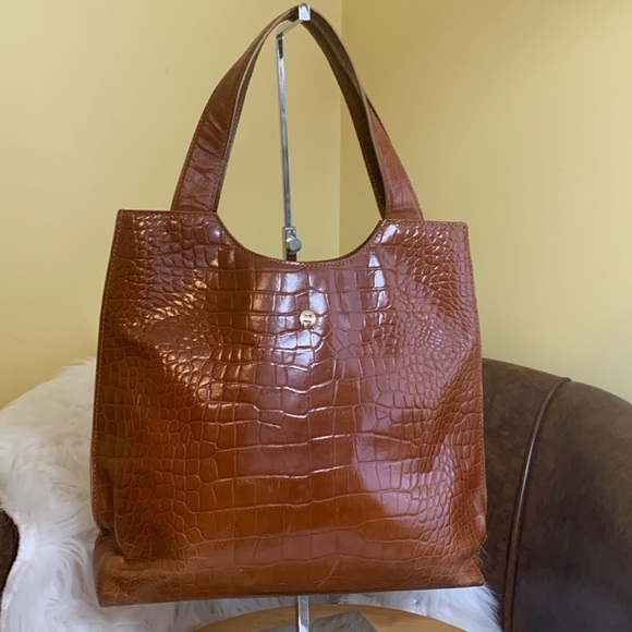 Etienne Aigner | Vintage Croc Embossed Cowhide Leather Satin Lined Shoulder Bag - Picture 11 of 17